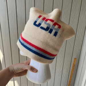 Vintage 70s–80s USA Wool Ski Hat Beanie – Olympic Era Patriotic – Woolmark Tag
